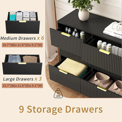 3-Piece Modern Bedroom Furniture Set, Wide 9-Drawer Dresser & 2-Drawer Nightstands Set of 2, Natural Wood Dresser and Nightstand Sets for Bedroom, Hallway, Black