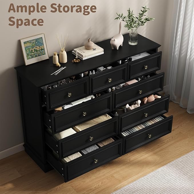 Dresser for Bedroom, 51" Wide Wood 9 Drawers Dresser with Storage, Retro Design Chest of Drawers for Bedroom, Living Room, Dressing Room, Hallway, Black