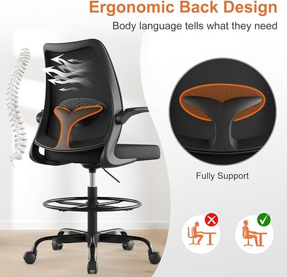 Drafting Chair,Tall Office Chair with Adjustable Footrest Ring,Lumbar Support,Ergonomic High Desk Seat,Flip-Up Armrests,Breathable Mesh Standing Stool for Home Office,Black