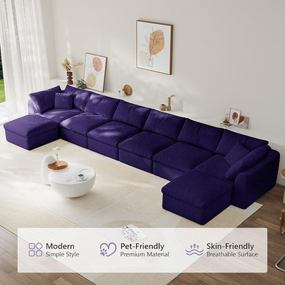 Boneless Cloud Couch Modular Sectional Sofa with Deep Seat for Living Room, L Shape Couch with Ottoman, Snowflake Cloth and 40D Memory Sponge，2 Throw Pillows (Purple, 6 Seater+2 Ottoman)
