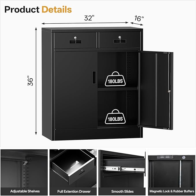 Storage Cabinet, 36 Inch Tall Metal Storage Cabinet with Doors and Shelves, Metal Cabinet with Drawers, Pantry Cabinets for Kitchen Storage, Garage Cabinet for Living, Dining Room.