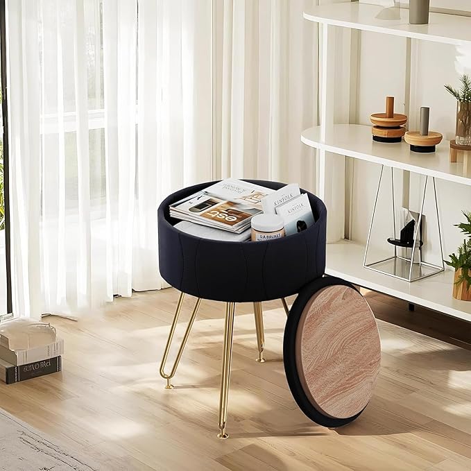 VECELO Vanity Stool with Storage, Velvet Chair for Vanity, Strong Metal Legs, Anti-Slip Feet, Padded Seat for Make Up, Bedroom, Living Room, Entryway, Black