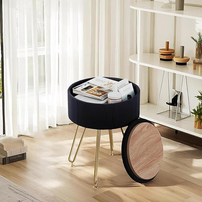 VECELO Vanity Stool with Storage, Velvet Chair for Vanity, Strong Metal Legs, Anti-Slip Feet, Padded Seat for Make Up, Bedroom, Living Room, Entryway, Black