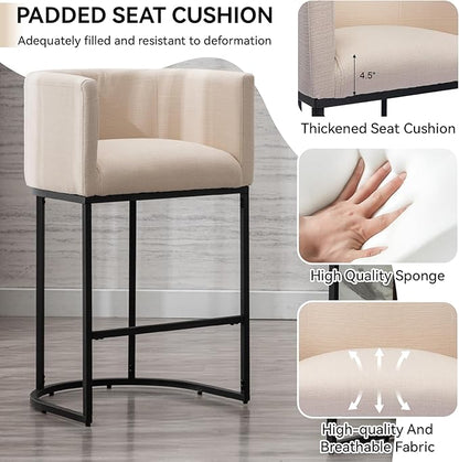 Contemporary Cream Linen Bar Stools Set of 2, 29" Upholstered Fabric Counter Height Barstools Kitchen Counter Island Stools with Screwed Together Black Metal Base