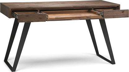 SIMPLIHOME Lowry Desk - 54-Inch Wide Solid Acacia Wood and Metal Writing Desk in Rustic Natural Aged Brown, Modern Industrial Home Office Computer Table with 2 Drawers and Flip-Down Keyboard Tray