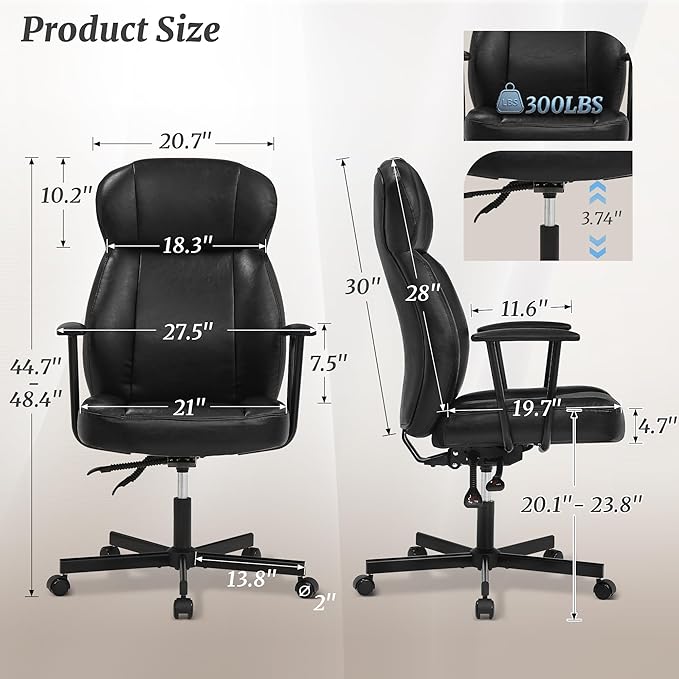 High Back Office Desk Chair, Breathable Ergonomic Leather Chair with 5-Layer Seat Cushion with 135°Reclining Lumbar Support Adjustable Height Rolling Swivel Executive Armrests Chair, Black