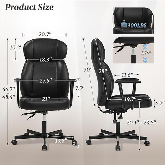 High Back Office Desk Chair, Breathable Ergonomic Leather Chair with 5-Layer Seat Cushion with 135°Reclining Lumbar Support Adjustable Height Rolling Swivel Executive Armrests Chair, Black