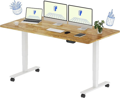 FLEXISPOT E6 MAX Solid Wood 63x24 Inch Dual Motor 3-Stage Heavy Duty Standing Desk, 330lbs Weight Capacity, Height Adjustable Desk w/Cable Management & Wheels(Butcher Block Rubberwood + White Frame)