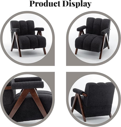 Mid Century Modern Accent Chairs Set of 2 with Solid Wood Frame, Boucle Upholstered Living Room Chairs with Thick Cushion, Comfy Tufted Arm Chair for Bedroom, Black