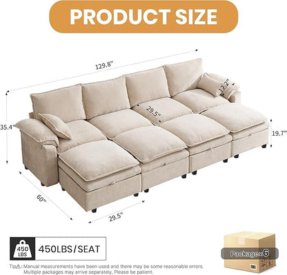 130" U Shaped Modular Sectional Sofa, Couch with Ottoman Storage, Chenille Cloud Couch with Plush Deep Seating for Living Room, Bedroom (8 Seat, Beige)