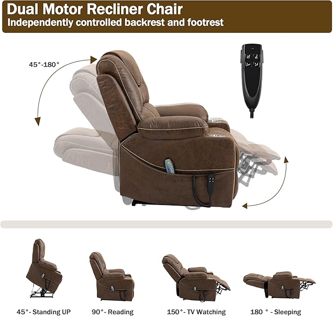 Dual Motor Power Lift Recliner Chair Sofa with Massage and Heating for Big Elderly Adults People, Lay Flat Lift Chair, Infinite Position, 2 Cup Holders, 2 Side Pockets, Lumbar Pillow