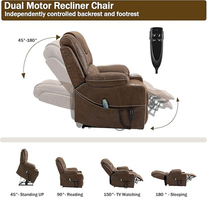 Dual Motor Power Lift Recliner Chair Sofa with Massage and Heating for Big Elderly Adults People, Lay Flat Lift Chair, Infinite Position, 2 Cup Holders, 2 Side Pockets, Lumbar Pillow