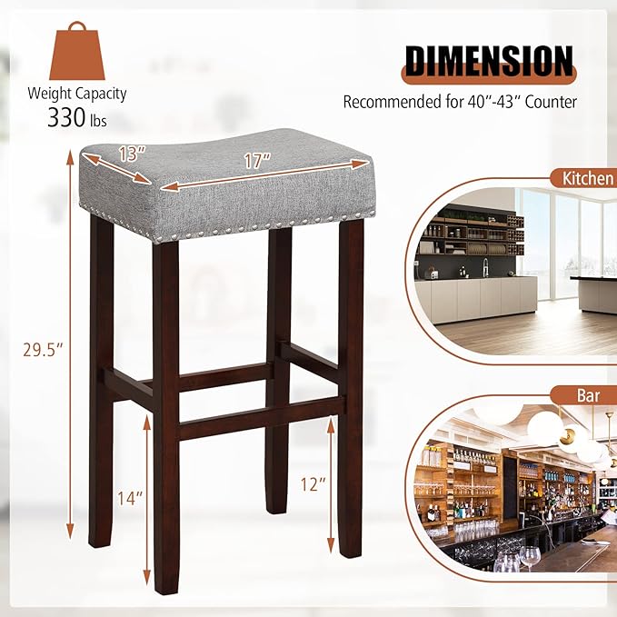 COSTWAY Counter Height Bar Stools Set of 4, 29.5-inch Backless Saddle Stools with Nailhead Trim, Rubber Wood Frame, Footrest, Max Load 330 Lbs, Upholstered Barstools for Kitchen Island Pub, Grey