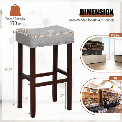 COSTWAY Counter Height Bar Stools Set of 4, 29.5-inch Backless Saddle Stools with Nailhead Trim, Rubber Wood Frame, Footrest, Max Load 330 Lbs, Upholstered Barstools for Kitchen Island Pub, Grey