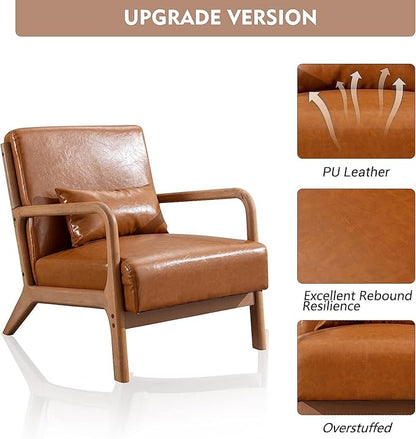 ANJHOME Mid Century Modern Accent Chair, PU Leather Reading Chair with Solid Wood Frame, Easy Assembly Armchair for Living Room