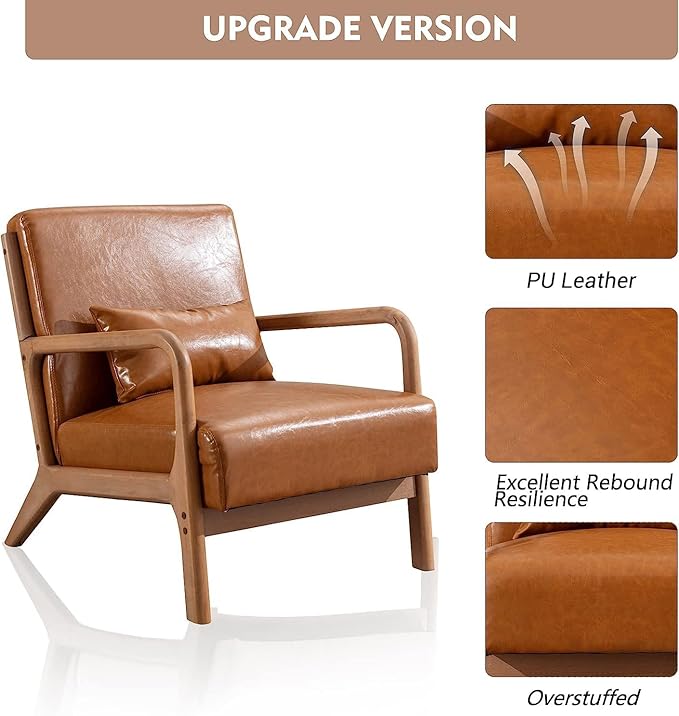 ANJHOME Mid Century Modern Accent Chairs Set of 2, PU Leather Reading Chair with Solid Wood Frame, Easy Assembly Armchair for Living Room