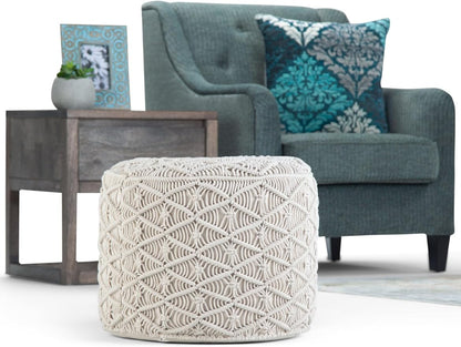 SIMPLIHOME Coates Boho Round Macrame Pouf in Natural Cotton for the Living Room, Bedroom and Kids Room