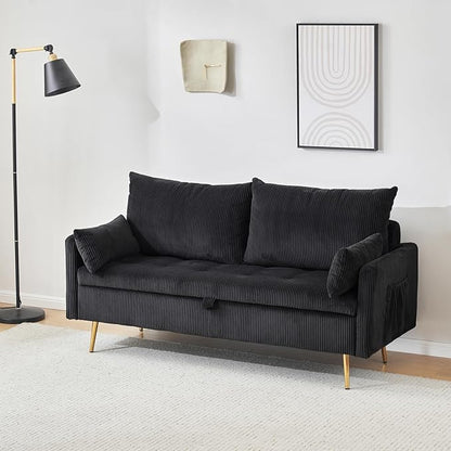 Furnimart 3-Seater Storage Sofa and Couch, Corduroy Loveseat with Accent Single Chair, Small Living Room Furniture Set for Apartment, Tiny Homes and Lofts, 2PC-Black