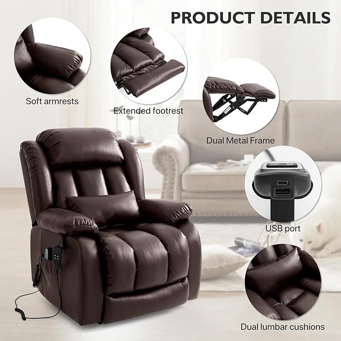 EDILLY Extra Large Power Lift Recliner Chairs for Elderly,Infinite Position Dual Motor Recliners Chair,with Heating and Massage, Breathable Leather,USB Ports Control(Brown)