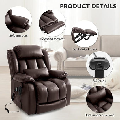 EDILLY Extra Large Power Lift Recliner Chairs for Elderly,Infinite Position Dual Motor Recliners Chair,with Heating and Massage, Breathable Leather,USB Ports Control(Brown)