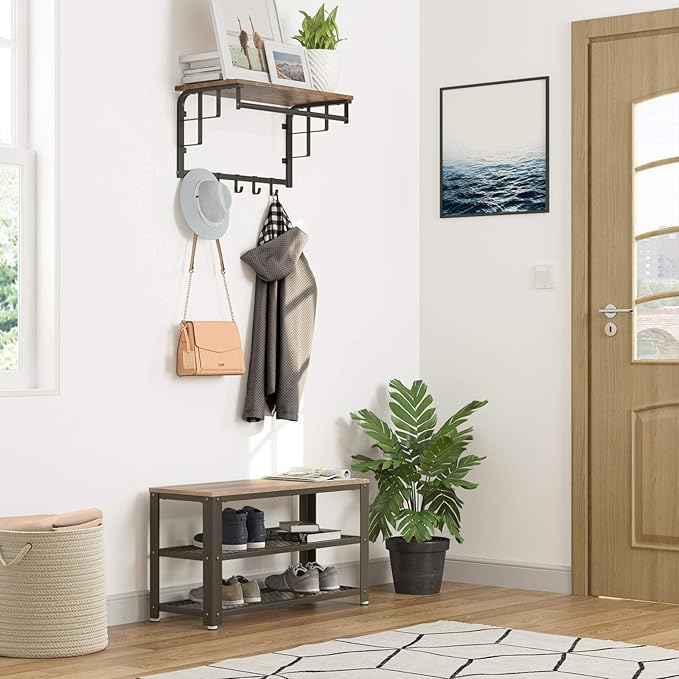 VASAGLE, 3-Tier Shoe Rack, Shelf Storage Bench with Metal Mesh Shelves and Seat, Free Standing Shoe Organizer for Entryway, 11.8 x 28.7 x 17.7 Inches, Greige and Black ULBS73MB
