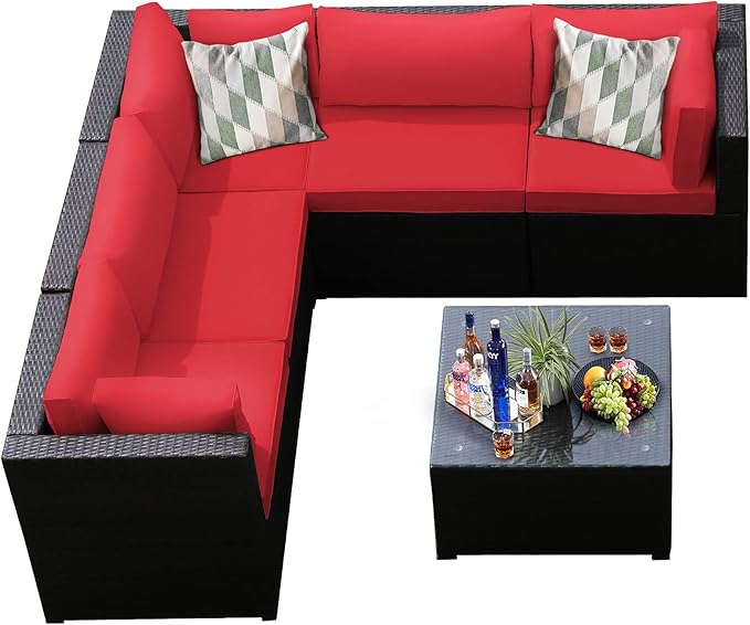 Tangkula 6 Pieces Patio Furniture Set, Outdoor Rattan Sofa Set, Wicker Conversation Set w/Tempered Glass Coffee Table & Cushions, Sectional Sofa Set for Backyard, Garden, Balcony, Poolside (Red)