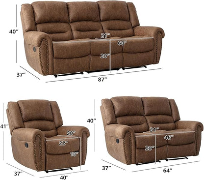 CANMOV Faux Leather Manual Recliner Sofa Set, Manual Recliner Chair, Reclining Loveseat and 3-Seat Sofa for Living Room,Bedroom Furniture, Office,Nut Brown