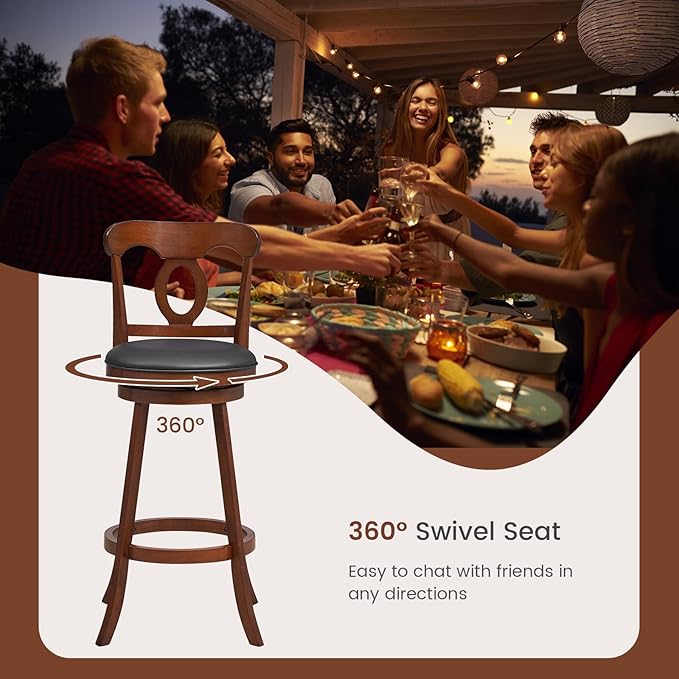COSTWAY Bar Stools Set of 2, 30 Inch Swivel Bar Height Chairs with Ergonomic Back & Footrest, Vintage Wooden Barstool Set for Kitchen Island, Pub, Bistro, Café, Espresso (2, 30 Inch)