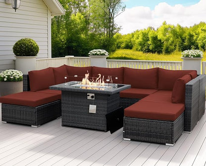 NICESOUL 9 Piece Extra Large Outdoor Patio Furniture Set with Firepit Table Natural Gas/Propane, 29.3'' High Back Gray Wicker Sectional Sofa, Deep Sitting Conversation,2 Color Cushion Burgundy & Gray