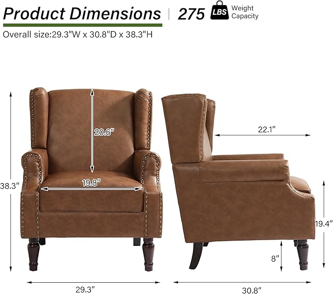 Accent Chair, Upholstered High Back Armchair with Nailhead Trim & Wood Legs, Comfy Wingback Reading Single Sofa Chair for Small Spaces, Living Room, Bedroom (Leather Brown, Set of 1)