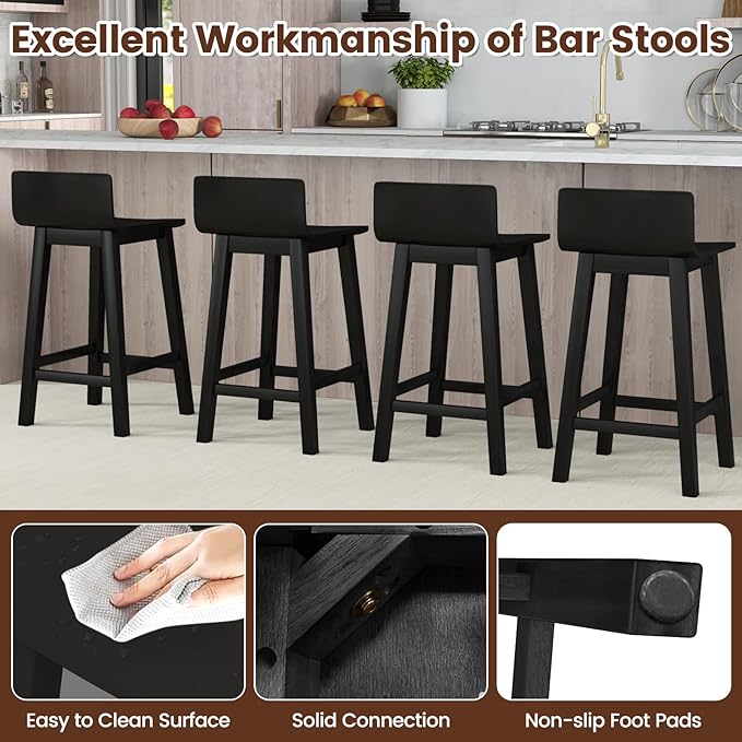 COSTWAY Solid Wood Bar Stools Set of 2, 24.5-inch Counter Height Chairs with Low Back and Footrest, Farmhouse Wooden Armless barstools for Kitchen Island, Dining Room, Cafe, Breakfast, Black