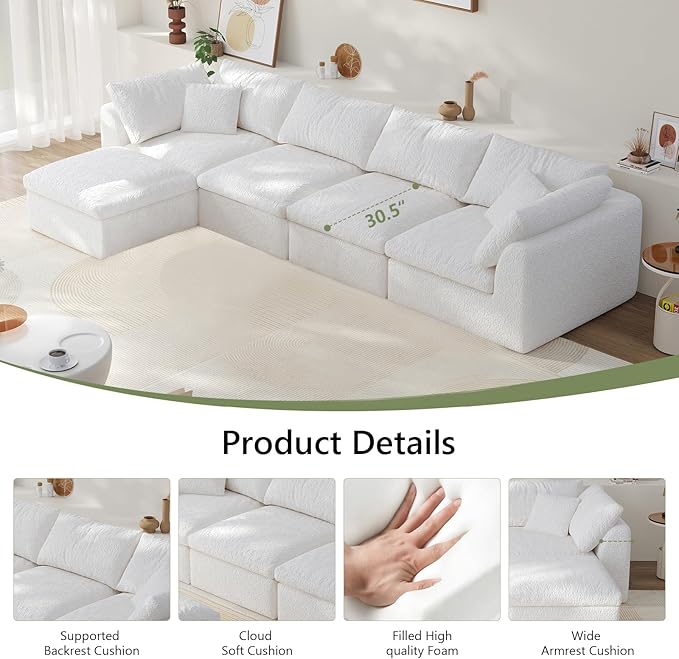 138" Boneless Cloud Couch Modular Sectional Sofa with Deep Seat for Living Room, L Shape Couch with Ottoman, Snowflake Cloth and 40D Memory Sponge，2 Throw Pillows (White, 4 Seater+1 Ottoman)