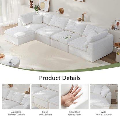 138" Boneless Cloud Couch Modular Sectional Sofa with Deep Seat for Living Room, L Shape Couch with Ottoman, Snowflake Cloth and 40D Memory Sponge，2 Throw Pillows (White, 4 Seater+1 Ottoman)
