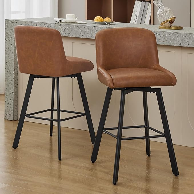 Swivel Bar Stools Set of 4, 30''H Upholstered Barstools with Backs, Modern Counter Height Bar Stool Chairs for Kitchen Island, Metal Legs, Faux Leather, Brown Counter Stools