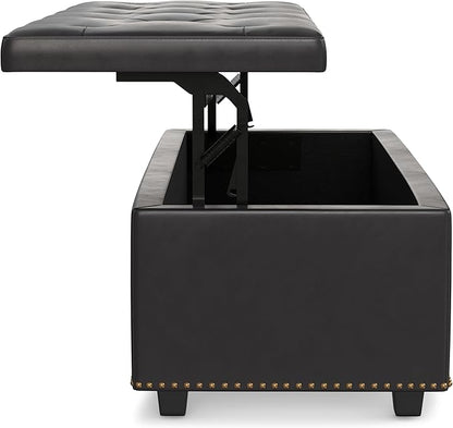 SIMPLIHOME Hamilton 44 inch Wide Traditional Rectangle Lift Top Rectangular Storage Ottoman in Tanners Brown Vegan Faux Leather, Assembled, For the Living Room, Entryway and Family Room