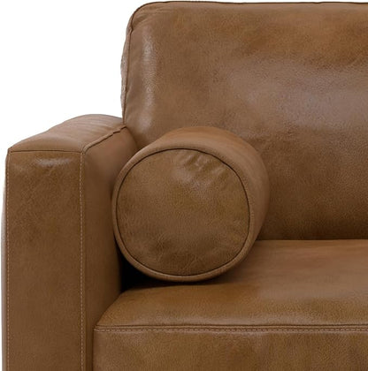 SIMPLIHOME Morrison Accent Chair - 43 inch Wide Upholstered Top Grain Genuine Leather Mid-Century Modern Arm Chair with Solid Wood Frame in Caramel Brown, for Living Room with 2 Bolster Pillows