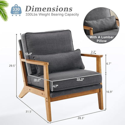 VINGLI Solid Wood Wide Armrests Accent Chair,Upholstered Mid Century Modern Chair with Pillow,Comfy Reading Chair Farmhouse Arm Chair,Chairs Living Room,Bedroom,Guest Room,Linen Fabric,Dark Grey