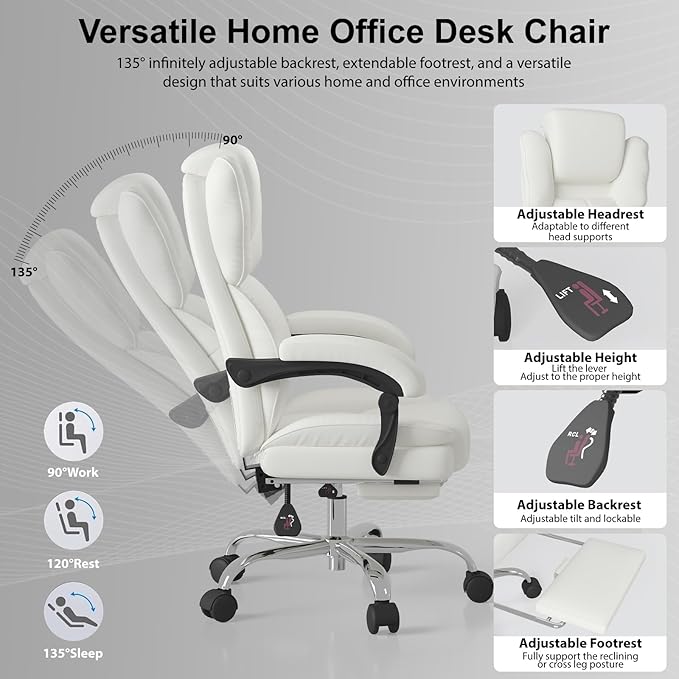 Big and Tall Office Chair, Executive Home Office Desk Chair, Leather Computer Chair with Retractable Footrest, Adjustable Headrest and Reclining Height, Padded Arms, 360°Swivel Free, Wide Seat, White