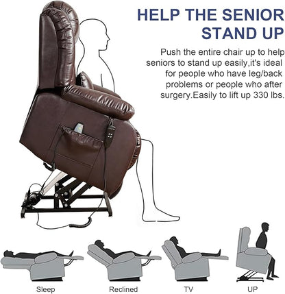 MAEVIS Large Genuine Leather Lift Recliner Chairs, Dual Motor Lift Chiars Recliner for Elderly,Extended Footrest and Lumbar Pillow for Tall Man,Heating and Massage, USB and Type-C Ports(Brown)