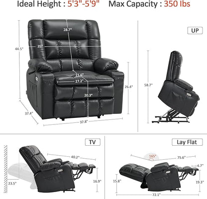 MCombo Dual Motor Power Lift Recliner Chair for Elderly, Lay Flat Lift Chair with Heat and Massage, Extra Wide Lift Recliner for Big People, Cup Holders, Faux Leather R7897 (Black, Medium-Wide)