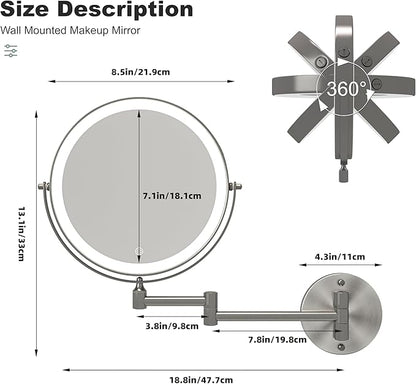 Hasipu 8.5-Inch Wall Mounted Makeup Mirror with Magnification, Rechargeable 2000 mAh Vanity Mirror with Lights, Bathroom Mirror with Dimmable Brightness, 3 Lighting Modes, Extendable Arm, Nickel