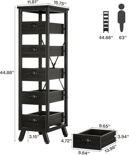 Tribesigns Black Wood Fruit and Vegetable Storage Rack Set of 2, 5-Tier Narrow Snack Stand Kitchen Stand Fruit Basket, Pull-Out Utility Organizer for Kitchen, Living Room
