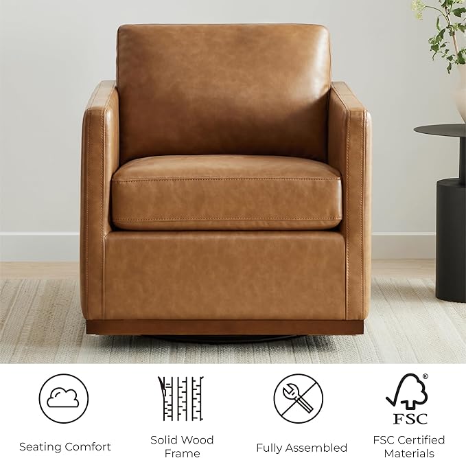 CHITA Swivel Accent Chair, Faux Leather FSC Certified Mid Century Modern Arm Chair for Living Room and Bedroom, Fully Assembled, Saddle Brown