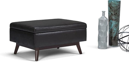 SIMPLIHOME Owen 34 inch Wide Mid Century Modern Rectangle Coffee Table Storage Ottoman in Distressed Black Vegan Faux Leather, Assembled, for the Living Room, Entryway and Family Room