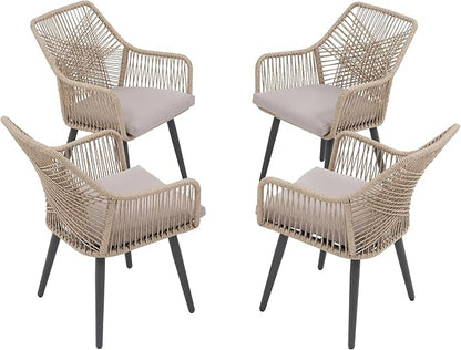 JOIVI Outdoor Dining Chairs Set of 4, 4 Pieces Woven Rope Patio Chairs with Armrest and Seat Cushions for Outside Porch, Balcony or Indoor Kitchen, Restaurant, Tan