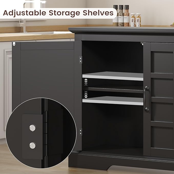 70" Sideboard Buffet Cabinet with Storage, Coffee Bar Cabinet with and 4 Doors, Long Wider Storage Cabinet Modern Farmhouse, Black Wood, for Kitchen, Dining Room, Living Room