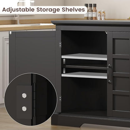 70" Sideboard Buffet Cabinet with Storage, Coffee Bar Cabinet with and 4 Doors, Long Wider Storage Cabinet Modern Farmhouse, Black Wood, for Kitchen, Dining Room, Living Room