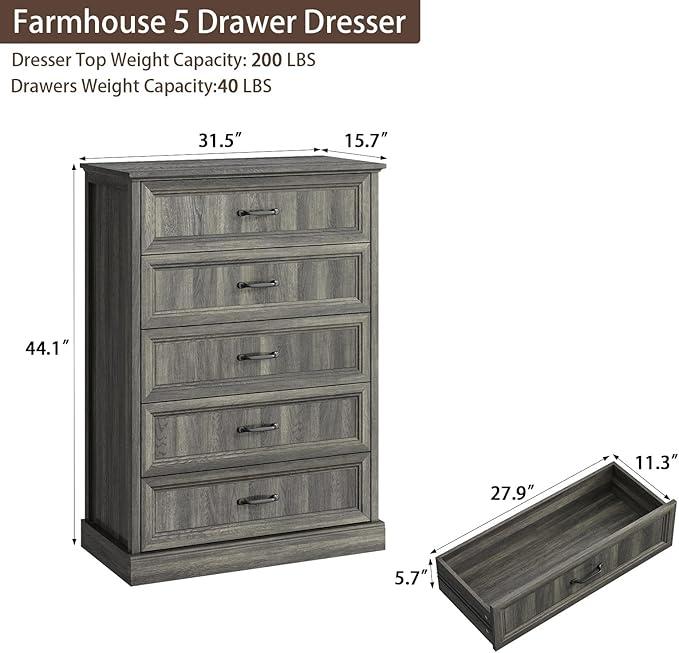 CARPETNAL Farmhouse 5 Drawers Dresser for Bedroom, 44" Tall Grey Dresser Wood Rustic Chest of Drawers with Wide Metal Handle,Natural Texture,Drawer Organizer for Bedroom,Living Room,Hallway