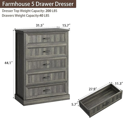 CARPETNAL Farmhouse 5 Drawers Dresser for Bedroom, 44" Tall Grey Dresser Wood Rustic Chest of Drawers with Wide Metal Handle,Natural Texture,Drawer Organizer for Bedroom,Living Room,Hallway