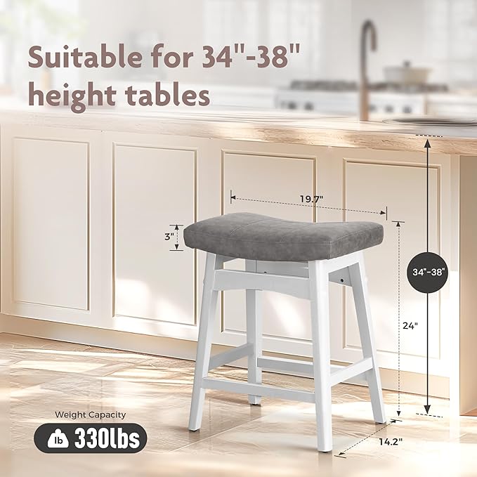 ALPHA HOME Bar Stools Set of 1, Solid Wood Saddle Kitchen Stools with Grey PU Leather Cushion Counter Height Barstools with Wooden Base for Kitchen Dining Cafe, 24 Inch, Grey, 1PCS